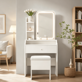 White vanity set includes smart LED mirror, women's bedroom makeup table with storage; suitable for bedrooms, living rooms, dormitories, etc.