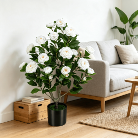 Artificial Camellia Tree Faux Flower Plant Cement-Filled Pot Durable Fake Camellia for Home Decor