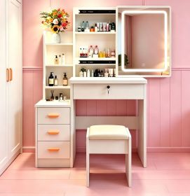 Modern-style white vanity set includes LED-lit mirror