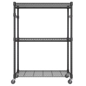 Heavy Duty Clothes Rack, Rolling Clothing Garment Rack with 3 Storage Tiers, 2 Rods and 2 Pairs Side Hooks