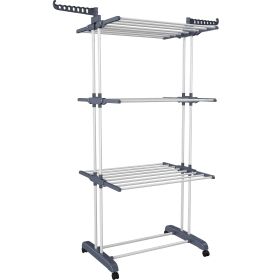 Foldable 4 Tier Stainless Steel Drying Rack with 4 Rolling Wheels 24 Hanging Rods and 14 Hooks Portable Laundry Rack for Clothes Sheets Towels Gr