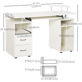 White computer desk with keyboard stand and drawers, home office workstation, desk organization