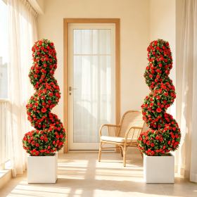 Set of 2 Artificial Spiral Topiary Trees Sun Protection with Ground Spikes Fake Evergreen Landscape Garden Decor (Color: Red)